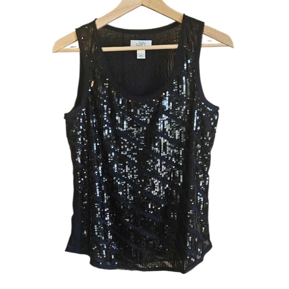 LOFT Petites MP Medium Petite Black Sequin Chevron Sleeveless Tank Top Party